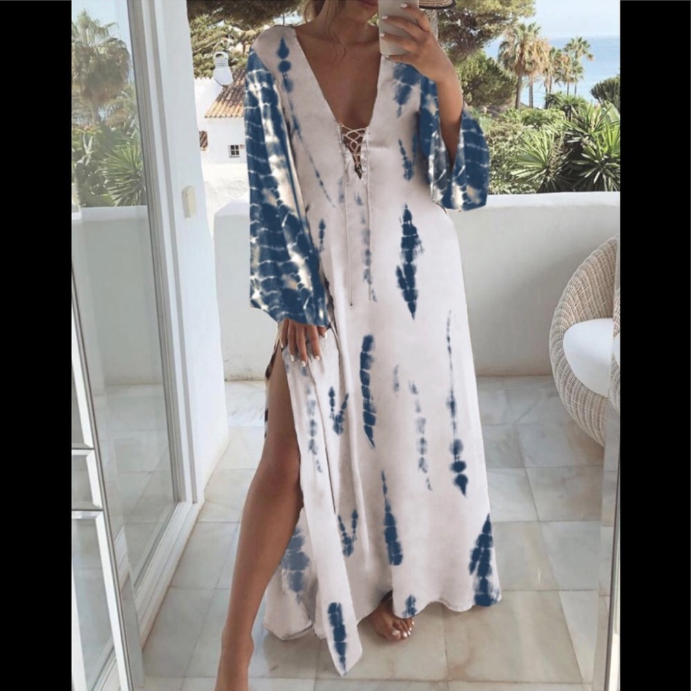 Navy blue and white Tie dye lace up high slit maxi